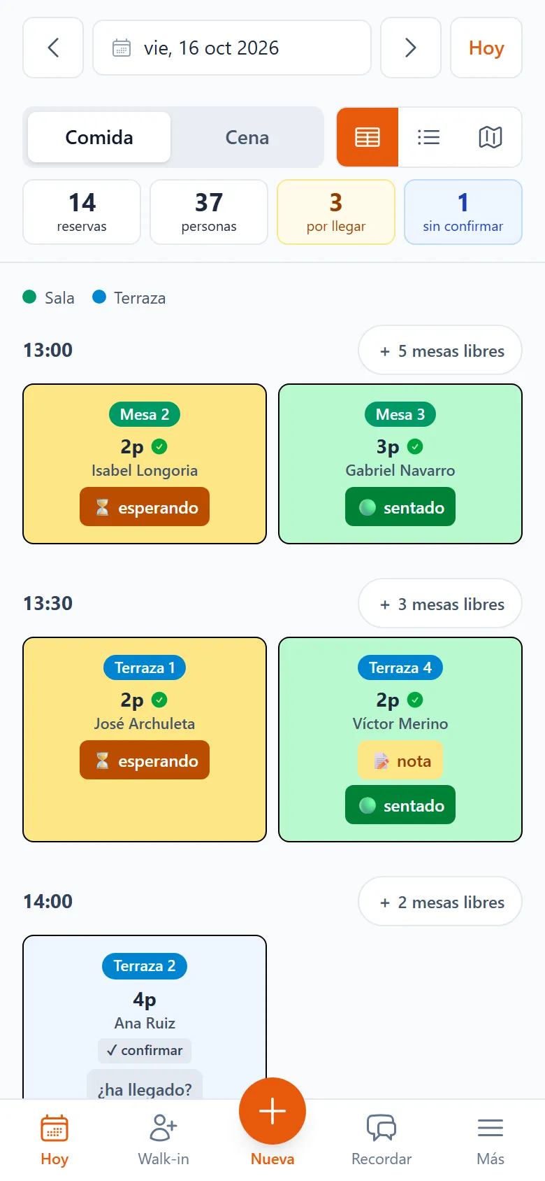 Panel de Casa Lumbre en el móvil con las reservas del viernes por hora y por mesa